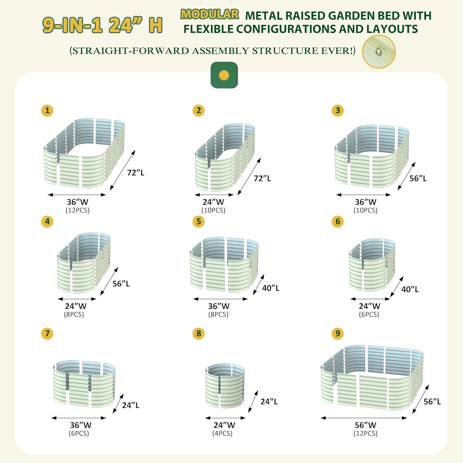 MUPATER 24''H Modular Garden Bed Outdoor for Vegetables, 9-in-1 Galvanized Steel Planter Box with 2 Aluminum Support Rods, 6x3x2FT Raised Garden Bed Kit Oval for Herbs and Flowers, Garden, Beige