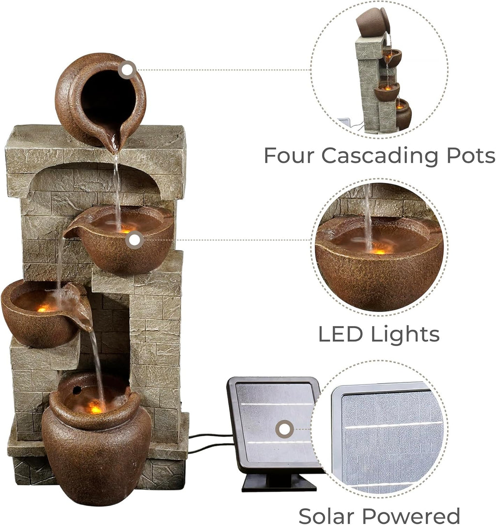 Teamson Home 28 in. Cascading Bowls and Stacked Stones LED Outdoor Water Fountain for Outdoor Living Spaces to Create a Calming Oasis in Gardens and Landscaping, on Patios, Balconies, Lawns, Brown