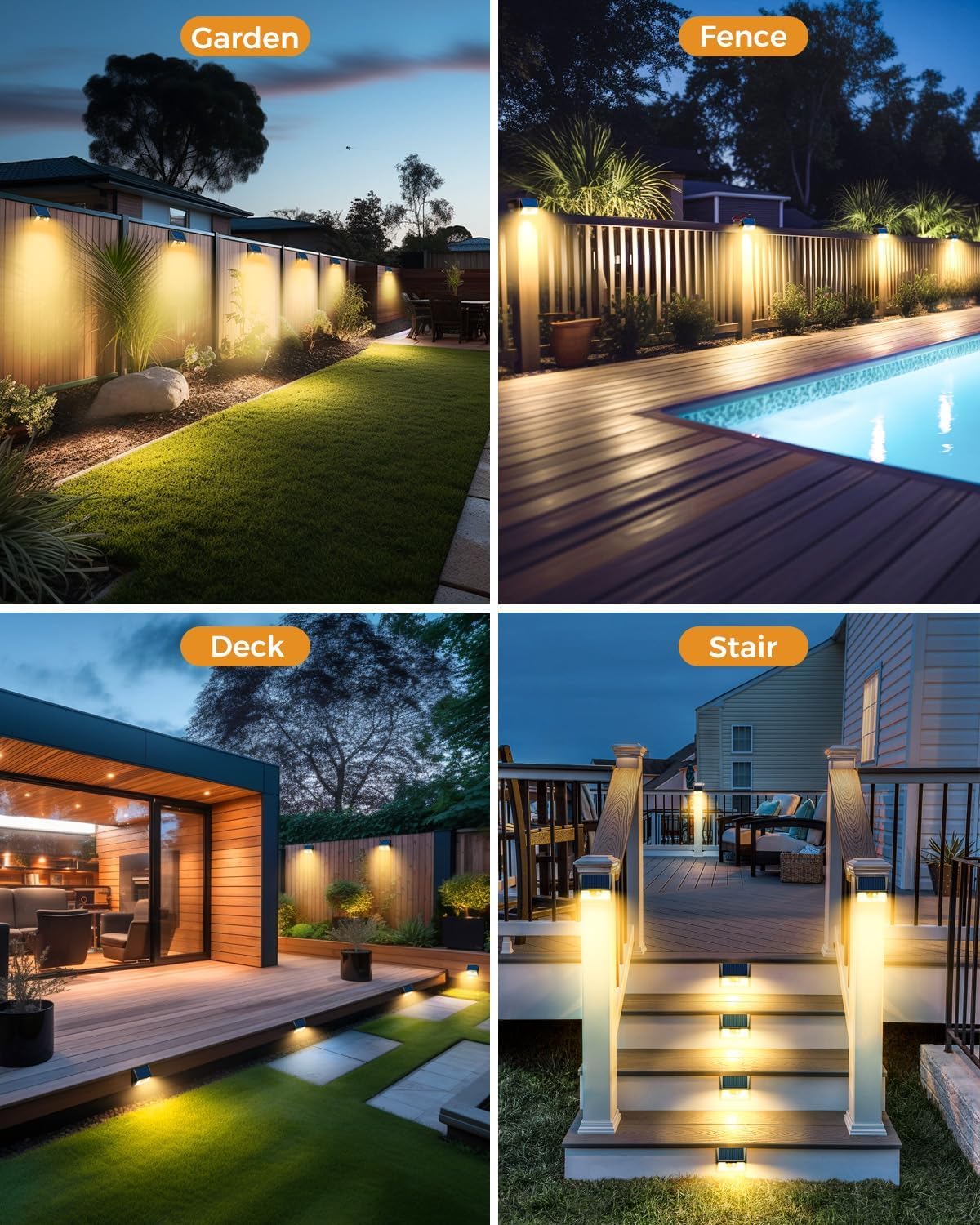 4 Pack Solar Fence Lights, Waterproof Motion Sensor Deck Outdoor, Warm White LED Outside Wireless for Wall Yard Steps Stairs Garden - Black