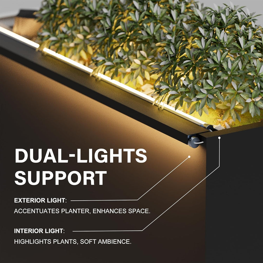 GSK 30" L Black LED Metal Planter Flower Box Vibe LED Lighting Strips ×2 Galvanized Steel Trough Shelf Grow Drainage Holes Indoor Space Rectangular Outdoor Patio Garden Decor Plant Herbs Houseplants