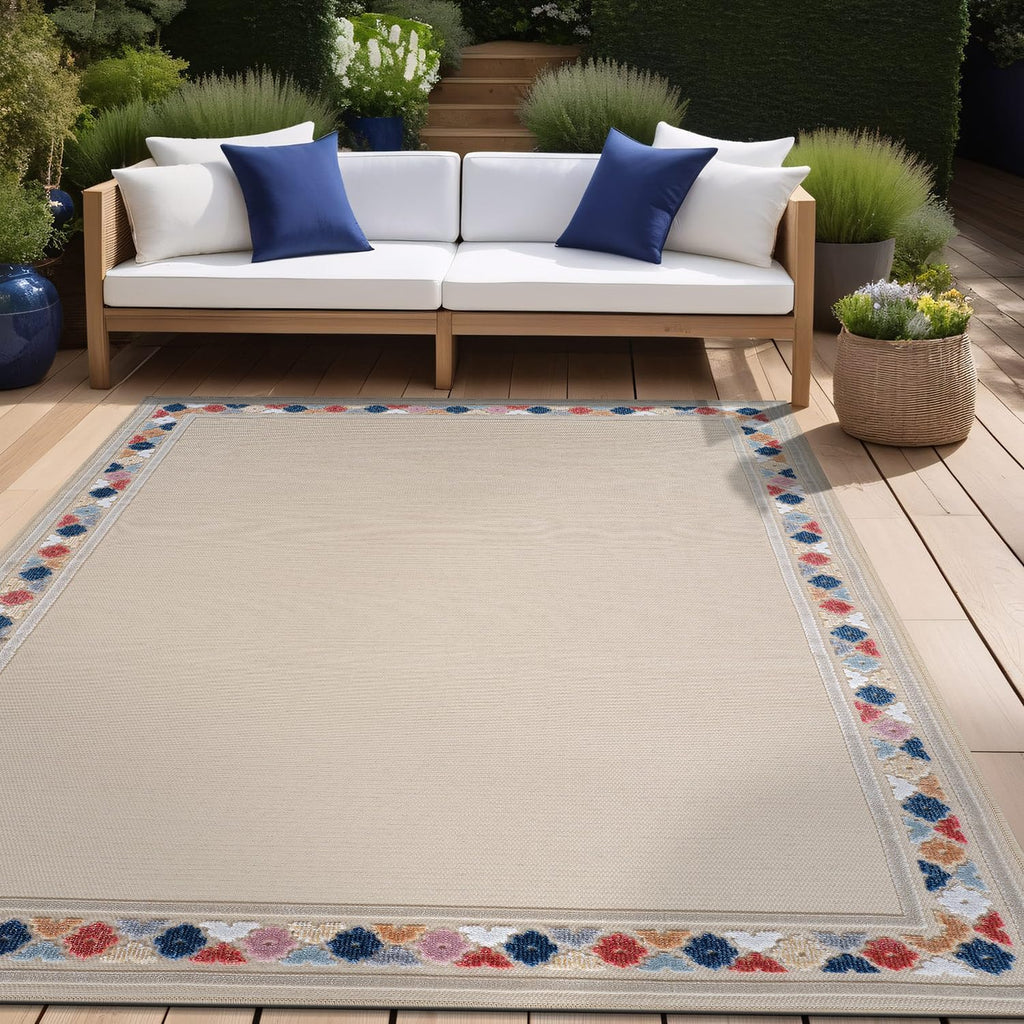 Beverly Rug Outdoor Rug 10x14 Modern Bordered Large Area Rugs for Indoor and Outdoor Patio Easy to Clean Non Shedding Living Room Porch Garden Washable Outside Carpet (10 x 14 Beige)