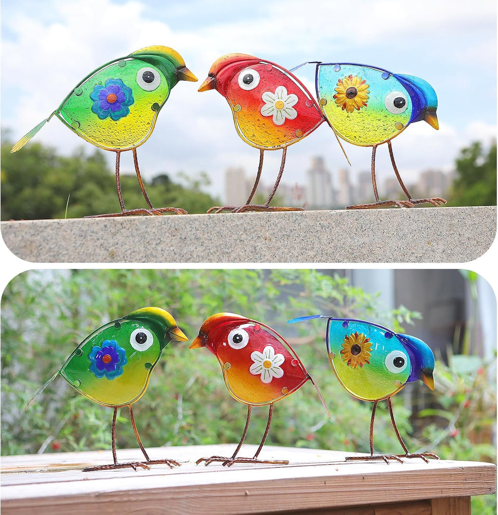 Bird Garden Decor for Outside, Glass & Metal Yard Art Decorations Outdoor Decor for Patio Backyard, Gift for Women Grandma Mom（3 Pack）