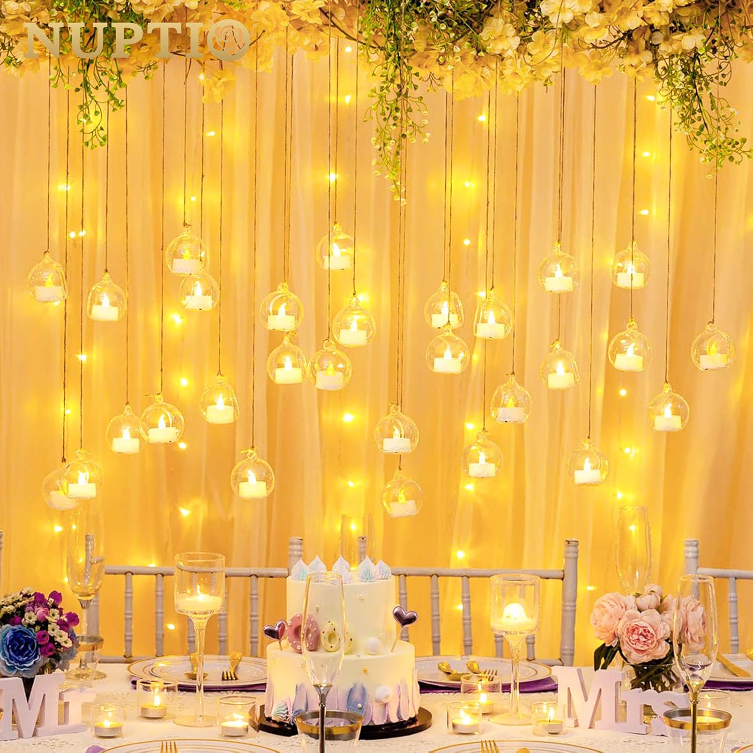 NUPTIO Mini Hanging Glass Tealight Globe Candle Holder with LED Candle, 2.36 Inches Diameter, Wedding Party Tree Decoration (36 Pcs)