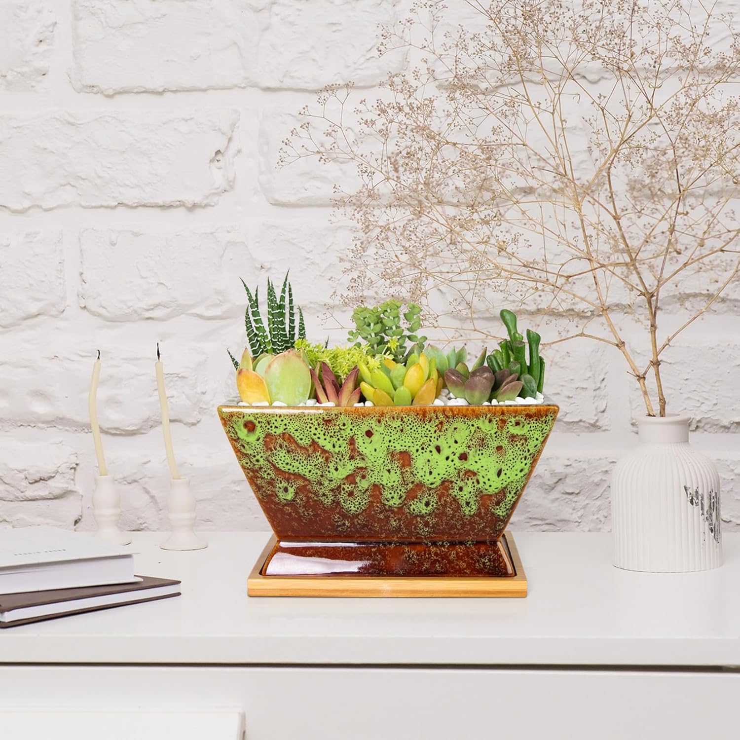 ARTKETTY Succulent Pots - 7 Inch Large Plant Pot with Drainage Tray, Shallow Ceramic Pots for Indoor Plants, Modern Cactus Bonsai Plant Container Decorative Home Office