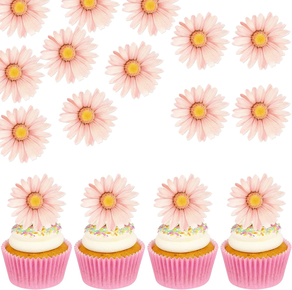 60 PCS Edible Daisy Cupcake Toppers Wafer Paper Daisy Cupcake Picks Edible Sunflower Birthday Party Decorations for Baby Shower Wedding Engagement Birthday Party Cake Food Decorations Supplies Pink