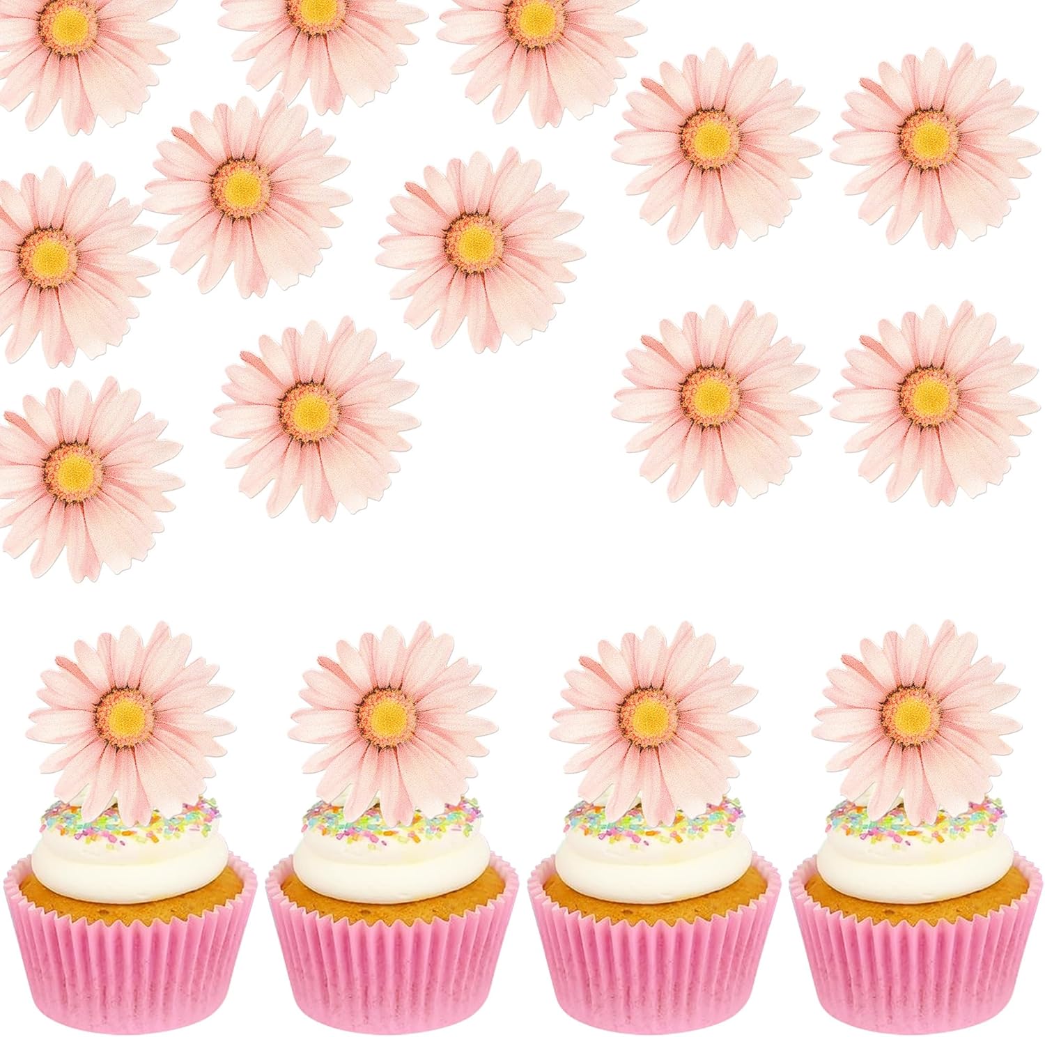 60 PCS Edible Daisy Cupcake Toppers Wafer Paper Daisy Cupcake Picks Edible Sunflower Birthday Party Decorations for Baby Shower Wedding Engagement Birthday Party Cake Food Decorations Supplies Pink