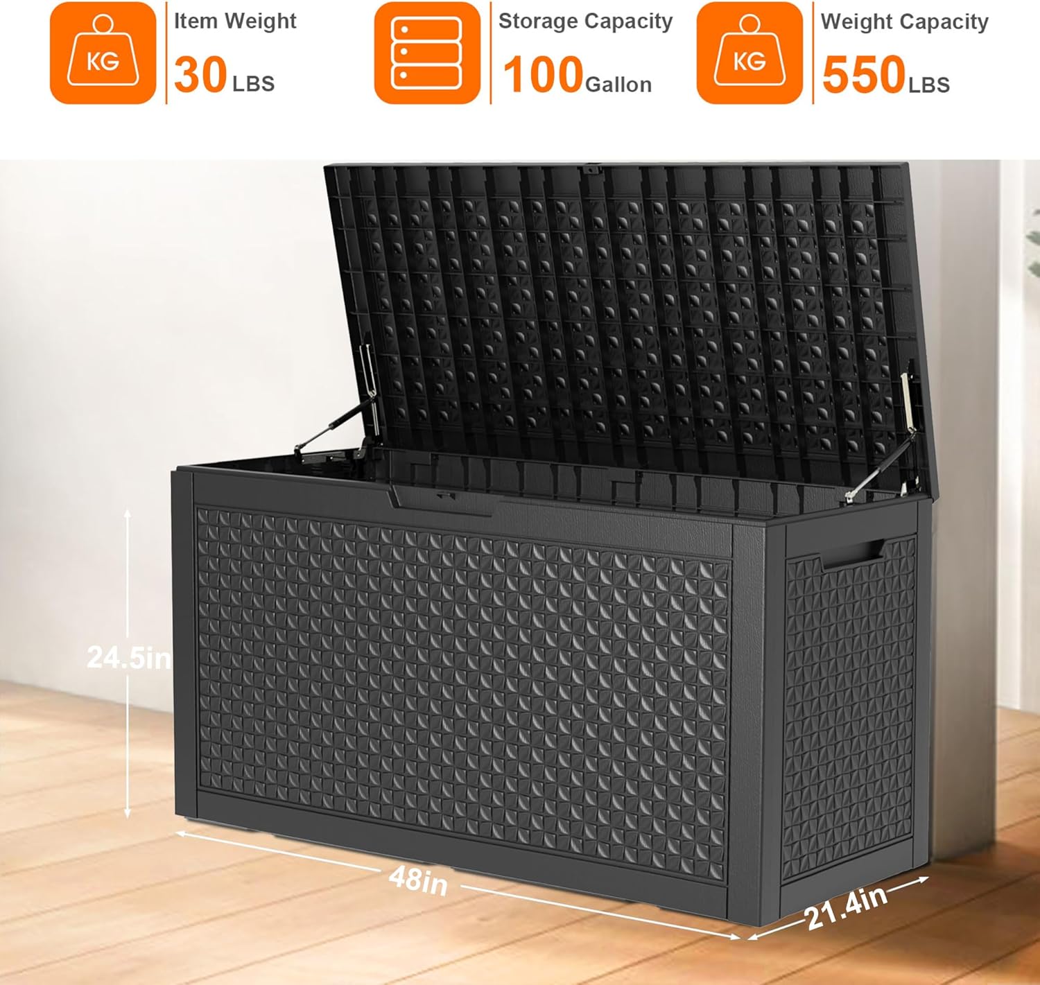 100 Gallon Resin Deck Box, Lockable Patio Outdoor Storage Box for Furniture, Garden Tools and Tools Storage, Waterproof Outside Storage Boxes - Patterned black