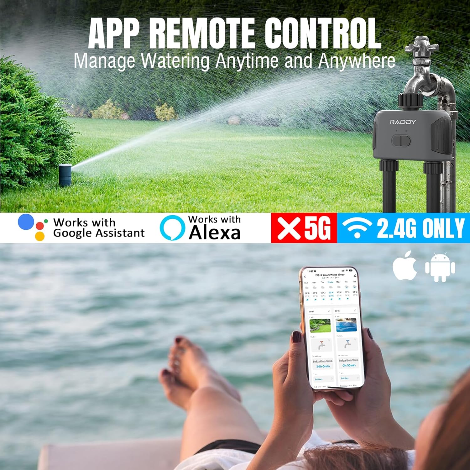 Raddy WS-3 WiFi Water Timer,2 Zones Sprinkler Timer for Garden Hose, Automatic Irrigation System with WiFi Hub, APP Control, Work with AWiFi Hub, Rain Delay for Lawns and Yard,2 Outlets