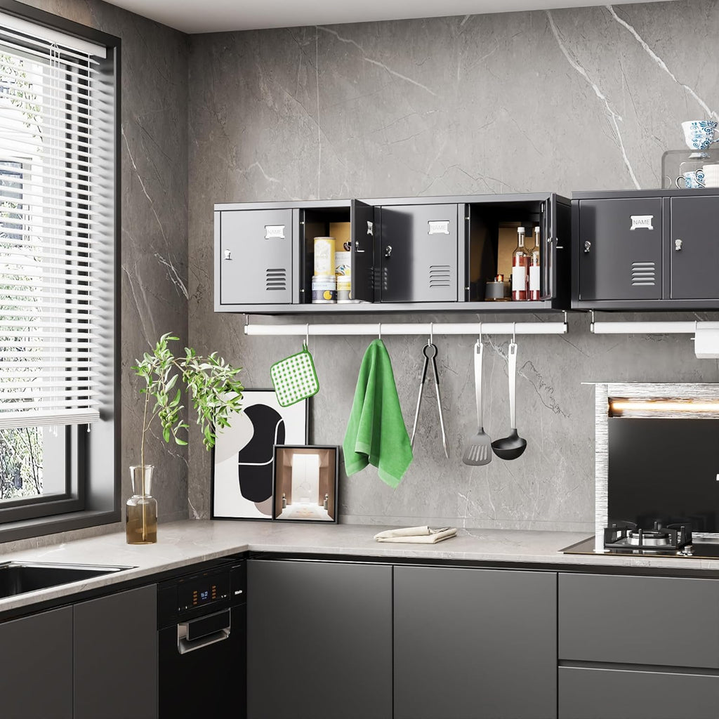 Metal 4 Doors Locker Cabinet with Hanging Rod, Wall-Mounted Storage Lockers for Home, Office, Garage, Storage, Assembly Required, Dark Gray