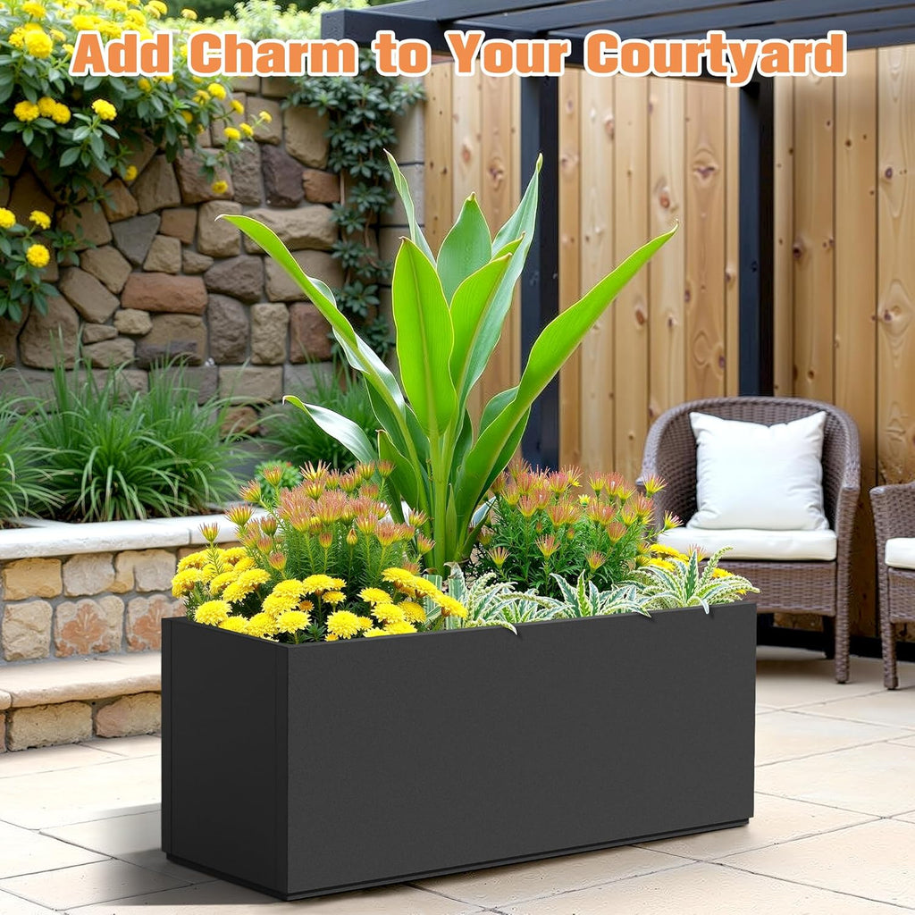 Rectangle Planter for Indoor & Outdoor, Tall and Long Planter Boxes with Drainage Holes, Mental Planter Box All-Weather Use for Plants, Flowers, 38" L x 15" W x 16.3" H, Black