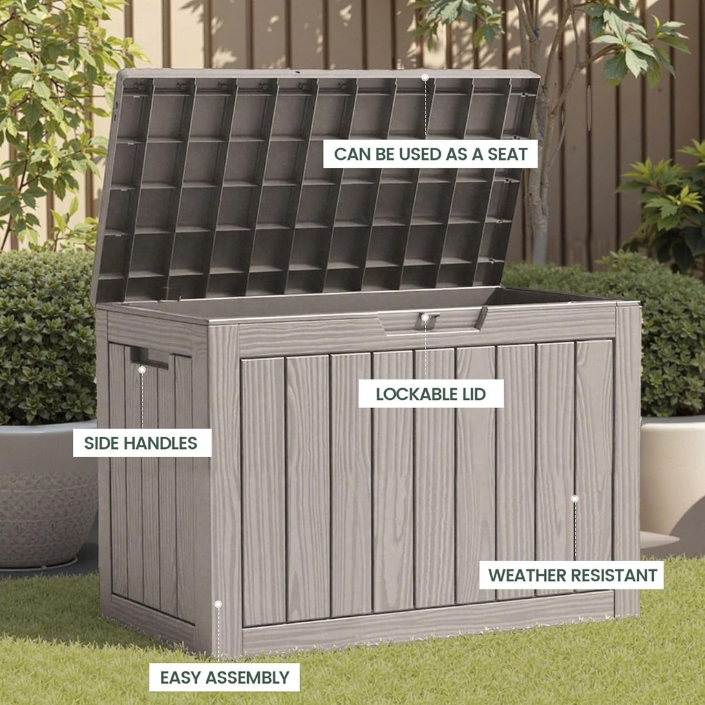 45 Outdoor Storage Box, Waterproof Resin Deck Box with Side Handles, Lockable Outdoor Bench for Indoor & Outdoor Use, Storage Bin for Patio Cushions, Garden Tools, Package Delivery, Grey