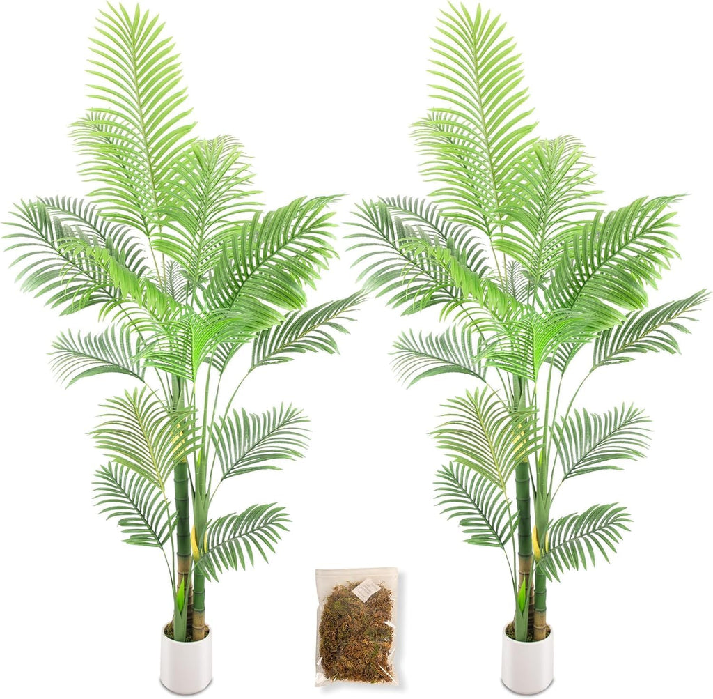 Artificial Fake Palm Tree 7FT 2Pack with White Planter & Free Moss, UV Resistant Artificial Palm Tree for Outdoors, Fake Plants for Poolside Home Room Decor, Faux Plants Outdoor Decor