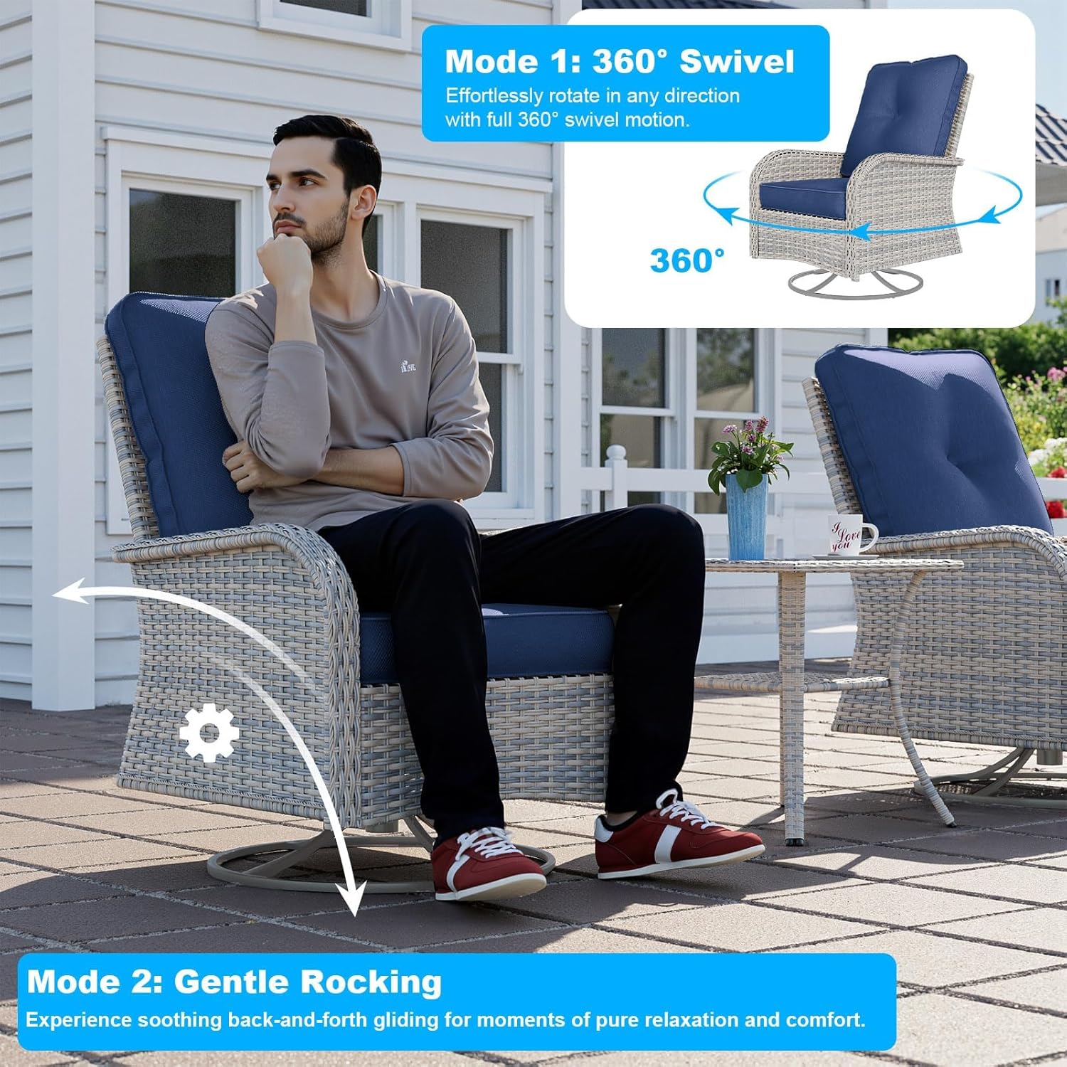 10-Piece Modern Patio Furniture Set with Swivel Chairs, Thick Cushions, Dual-Strand Wicker Rattan, Rust-Resistant Frame, Navy Blue