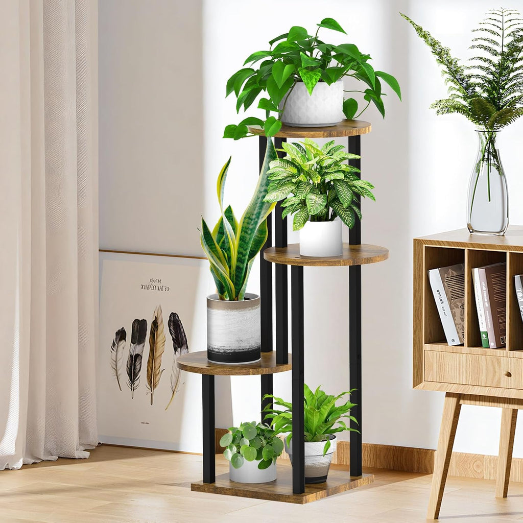 4 Tier Wood Tall Plant Stand Metal Rack Indoor, Multiple Flower Pot Holder Shelves Corner Rack, Round Planter Shelf Display Rack Storage Organizer for Patio Living Room Balcony(Black)
