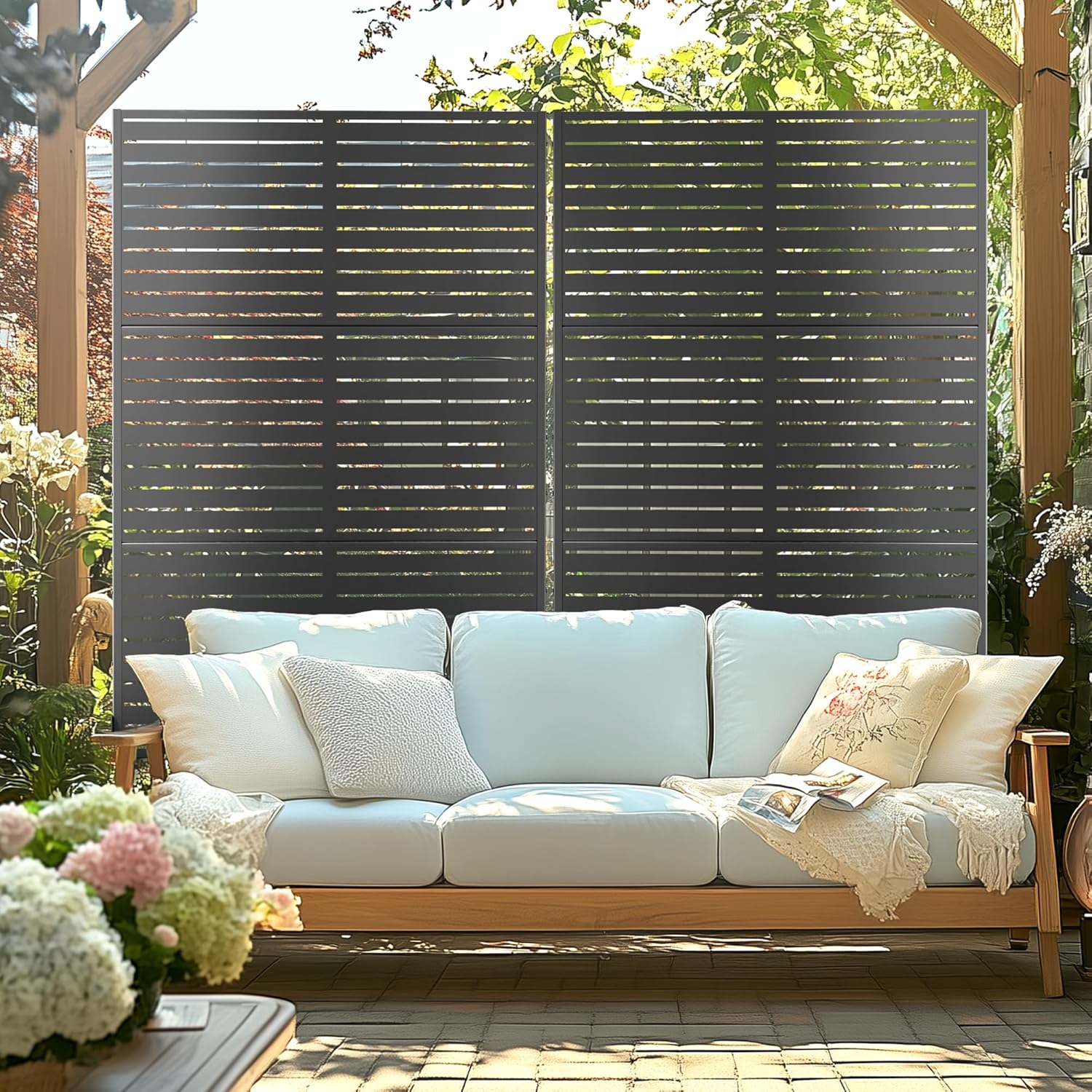 Metal Privacy Screen with Stand 72" H×47" W Outdoor Freestanding Privacy Screen & Panels, Outdoor Privacy Screen for Deck Patio Balcony(Black-Louvered)