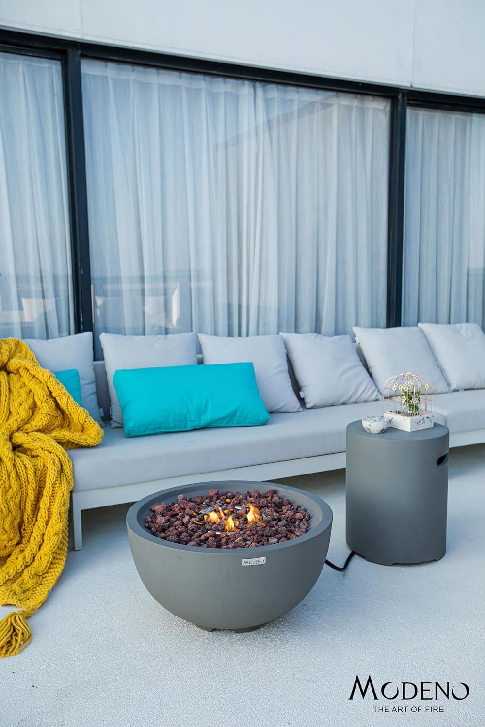 AMS Fireplace | Modeno Nantucket Package | Light Gray Natural Gas Fire Pit Table for Outside Patio Bundle with SS Burner Lid | Free Ice Bucket