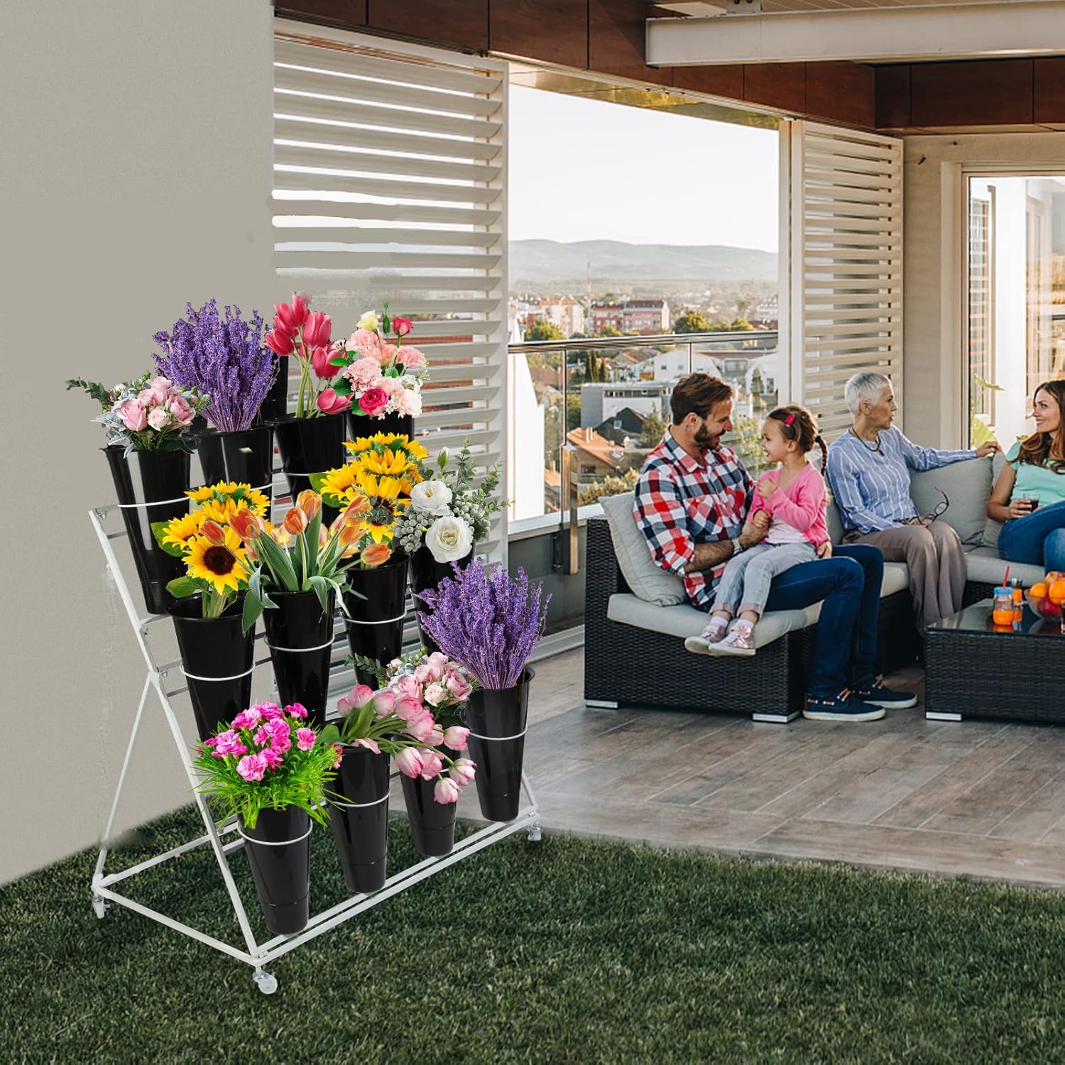 Flower Display Stand with Buckets, 3 layers Metal Plant Stand with Wheels, Moving Florist Bouquet Shelf for Fresh Flower Shop, for Patio Garden, Living Room, Outdoor Flower Pop-Up Events (White Frame - Black Bucket)