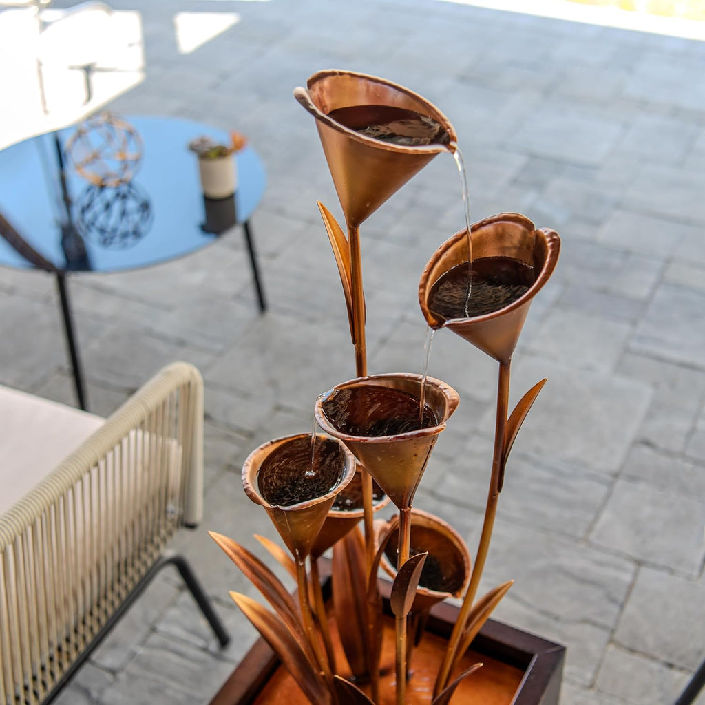 XBrand Sculptural Freestanding Metal Multi-Tiered Water Fountain w/Flowers, No LED Lights, Bronze, 46" Tall