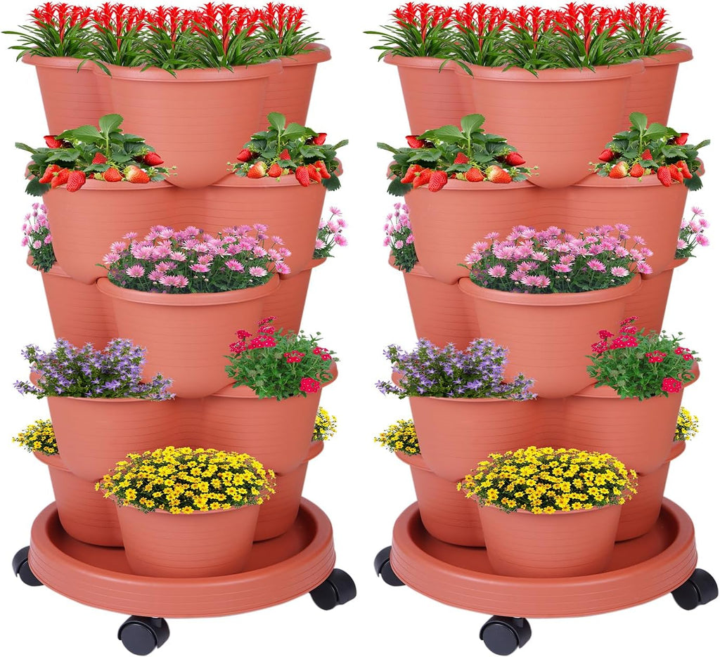 5-Tier Vertical Garden Tower Stackable Planter for Strawberries, Flowers, Vegetables & Herbs 2-Pack