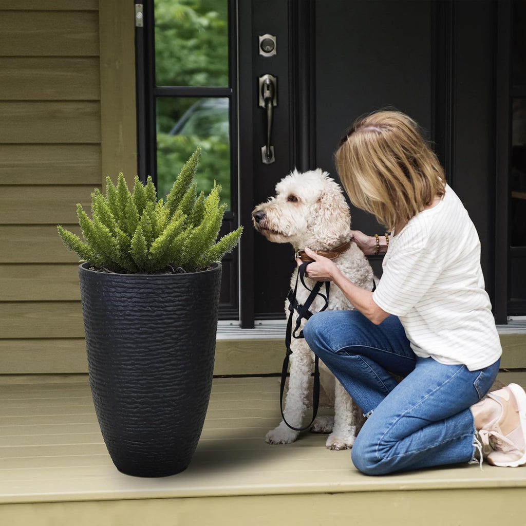 KOL 2-Pack 21in. Tall Plastic Planter - Large Round Tapered Plant Pots with Textured Finish - Black Imitation Stone Looking Big Flower Pots for Indoor & Outdoor Plants - Lightweight and Durable
