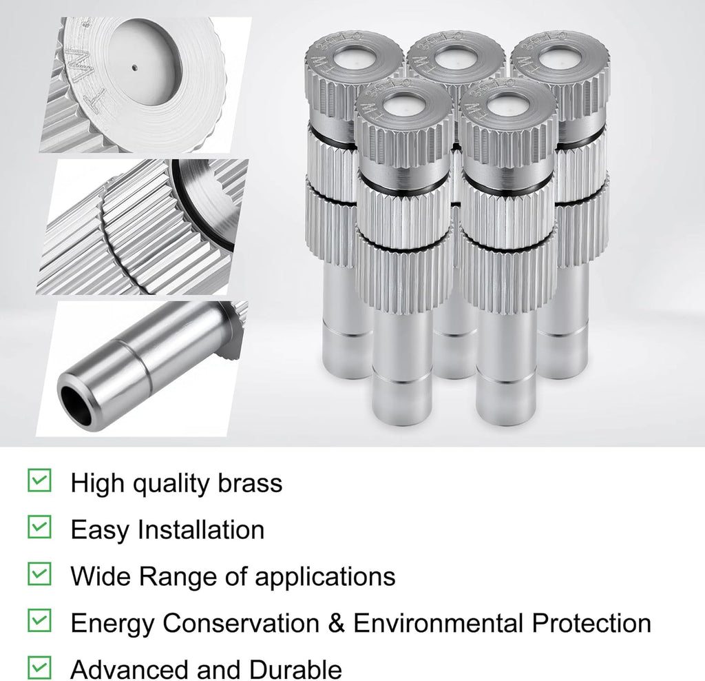 Mornajina 20 Pcs Brass Misting Nozzles Mister Replacement Nozzles with Filter Mesh Fit 1/4" Water Misting Nozzle Tees, 0.012"/0.3mm Orifice Misting System Heads Sprayer for Outdoor Cooling System
