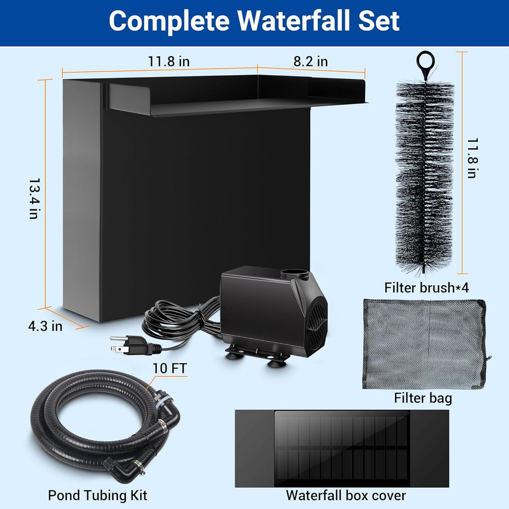 NFESOLAR Pond Waterfall Spillway with Pump Kit, Large 11.8" W 13.4" H Capacity Stainless Pond Waterfall Box with Filtration, LED Lights for Garden Outdoor Pond up to 2000 Gallons N4313
