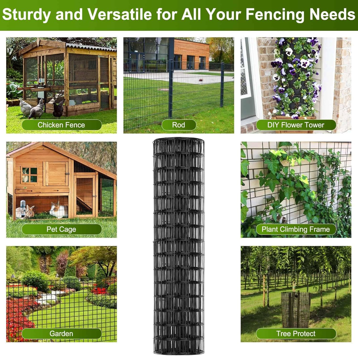 Black Welded Wire Fence 36 Inch x 59 Foot, 2.4" x 2.4" 14GA PVC Coated Wire Fencing for Garden Bed, Vinyl Coated Metal Wire Mesh Roll for Yard Vegetable Plant Protection Chicken Dog Poultry Netting