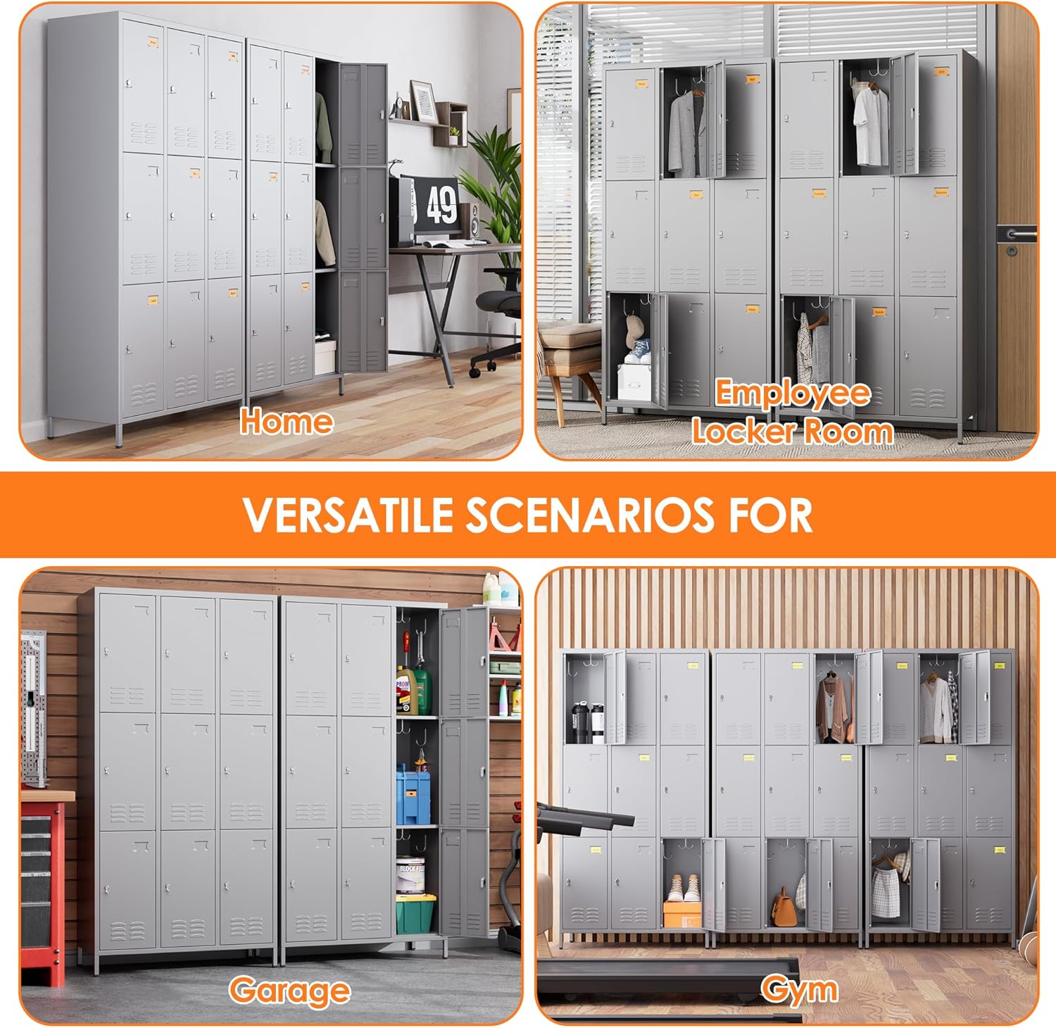 9 Doors Metal Lockers for Employees with 27 Hooks, Storage Locker with Business Card Holder for Office Gym School Bedroom, Assembly Required, Dark Gray