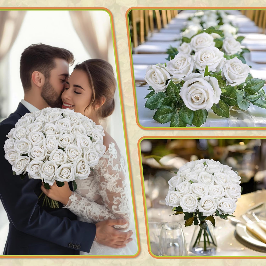 50 PCS Fake White Roses, Artificial White Flowers Bulk Realistic Silk Faux Roses with Stems for Wedding Decorations Table Centerpieces Bridal Bouquet DIY Floral Arrangement Event Party Home Decor