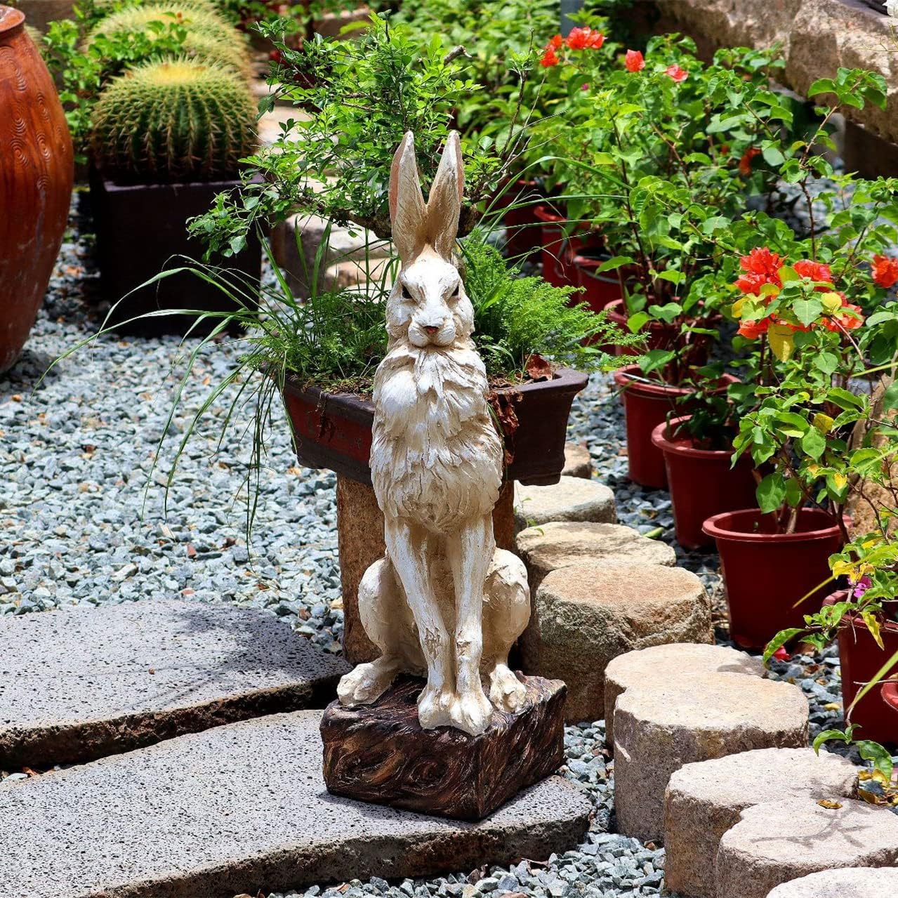 Large Size Noble Sitting Rabbit Bunny Realistic Rabbit Happy Easter Bunny Magnesium Oxide Stone Sculpture Decorations for Indoor Outdoor Garden Statue 30'' High