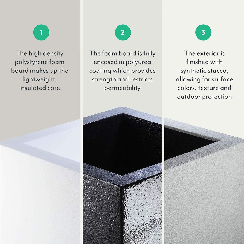 PolyStone Monterray Modern Outdoor/Indoor Square Planter, 23" L x 23" W x 19" H, Lightweight, Heavy Duty, Weather Resistant, Polymer Finish, Commercial Grade and Residential (White)