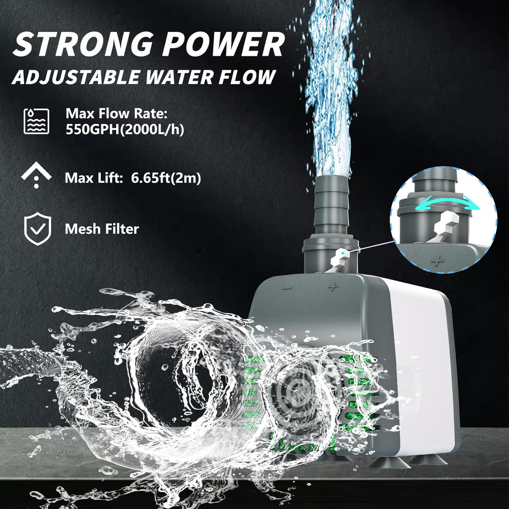 550GPH Submersible Water Pump, Fountain Pumps with Over Heating Protection Adjustable Flow Rate Desin 6.5ft High Lift for Fountains, Hydroponics, Ponds, Aquariums & More
