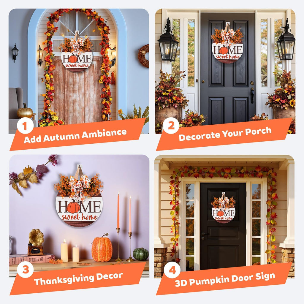 Hello Pumpkin Welcome Wooden Hanging Sign Fall Wreath for Front Door | Fall Autumn Harvest Decor with Bow & Wreath | Farmhouse Rustic Thanksgiving Porch & Wall Plaque | Indoor Outdoor Home Decor