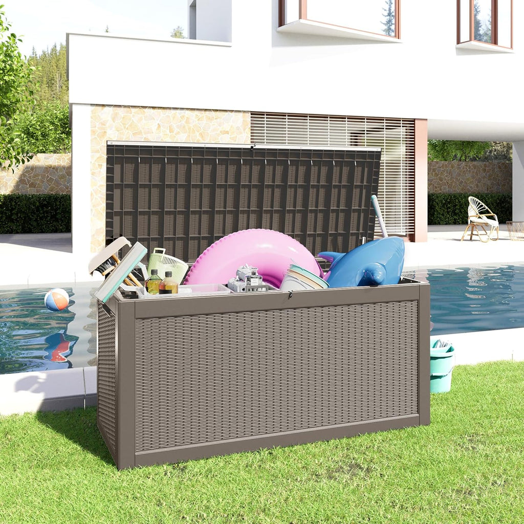 260 Gallon Resin Deck Box, Lockable Patio Outdoor Storage Box for Furniture, Garden Tools and Tools Storage, Waterproof Outside Storage Boxes - Grey