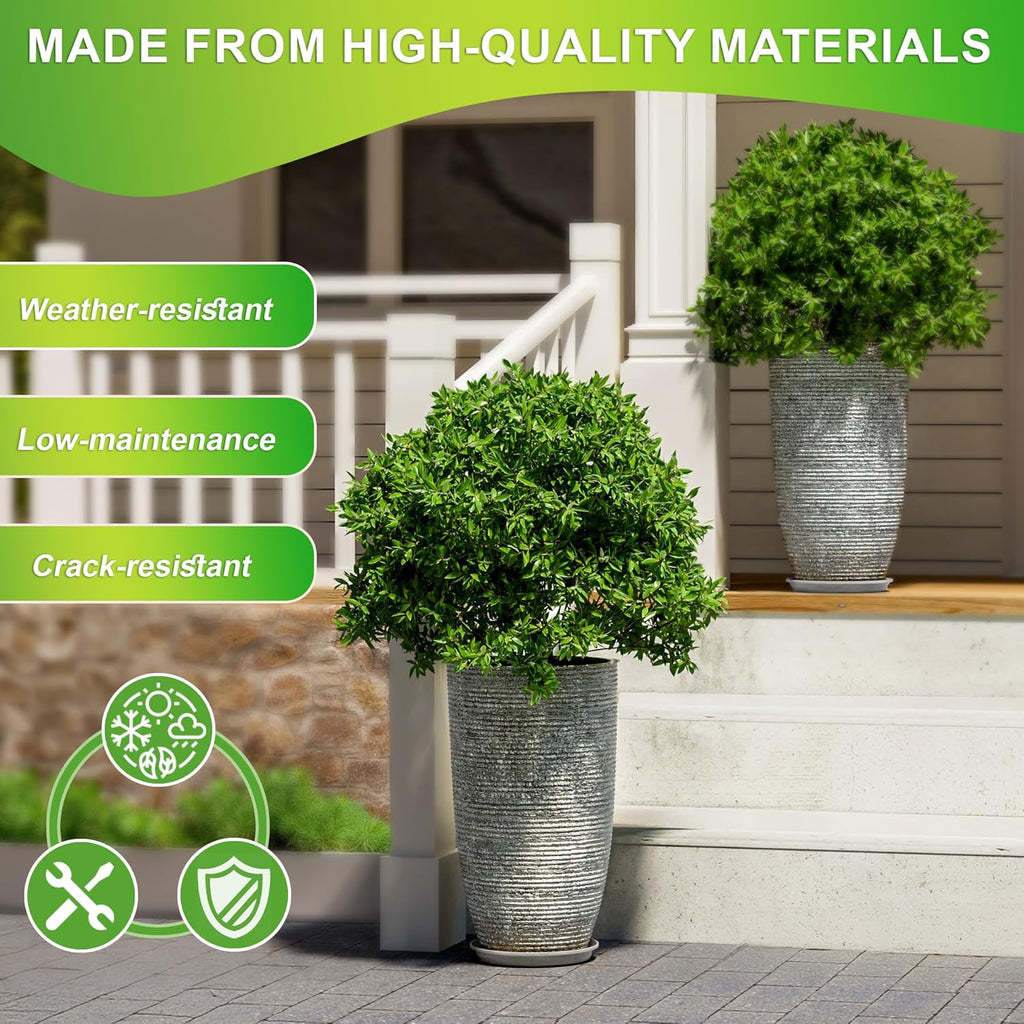 QCQHDU Set of 2 Oversized 9 Gallon Round Planters for Front Door & Patio - 12x21 Inch Tall Outdoor/Indoor Plant Pots with Drainage Tray, Gray Faux Stone Textured Tree Planters for Porch Decor