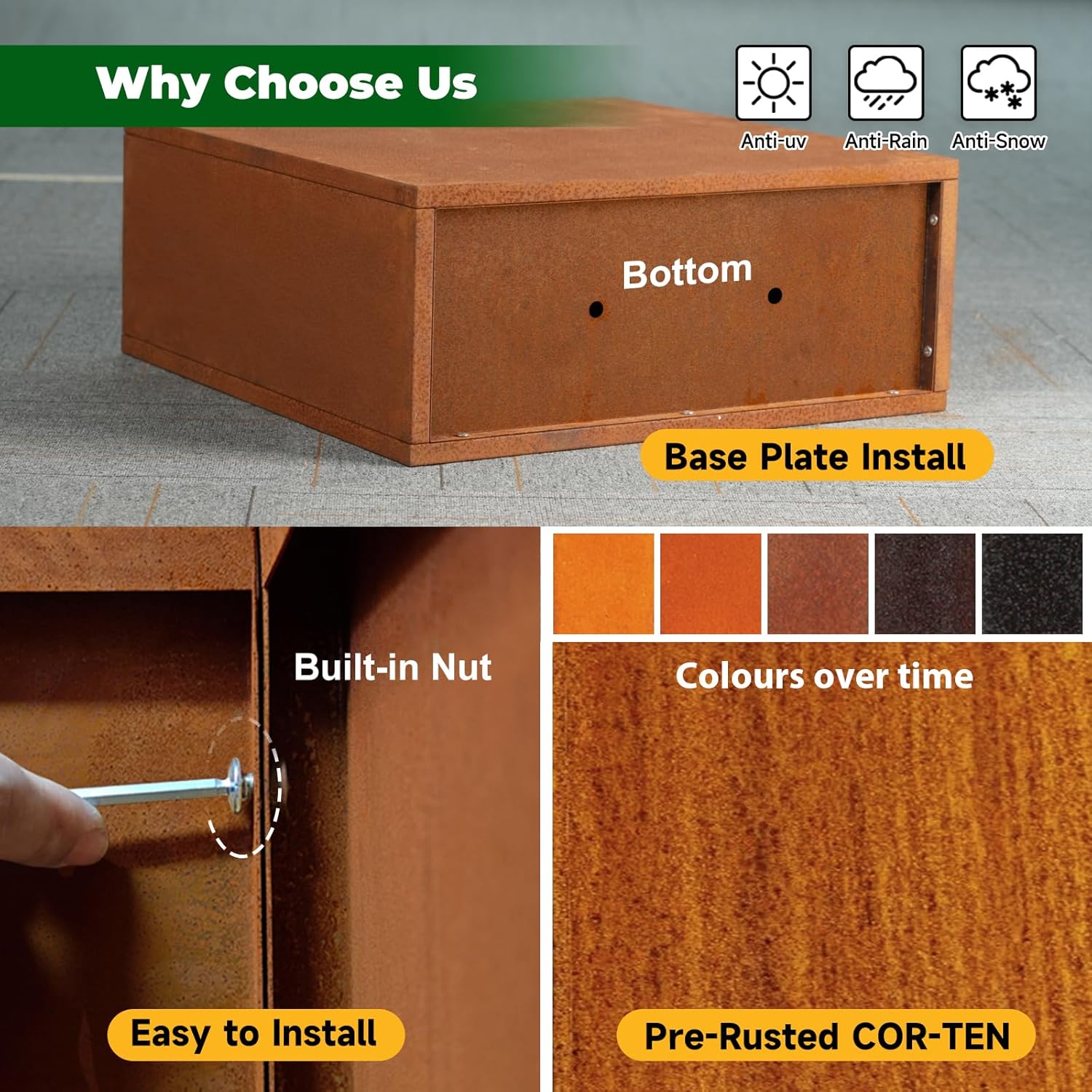 Galvanized Steel Metallic Heavy Planter for Outdoor Plants Metal Outdoor Planter Spliced Flower Box with Partitions for Outside,Indoor,Garden (Corten, 30 * 12 * 24)