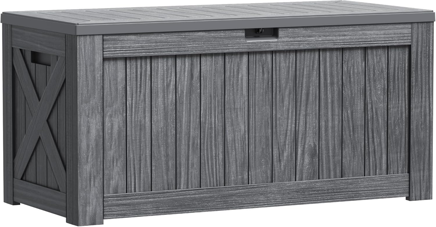 Greesum 120 Gallon Outdoor Storage Box with Lock - Large Resin Deck Box, Reinforced Lid for Garden, Patio, Lawn, Gray