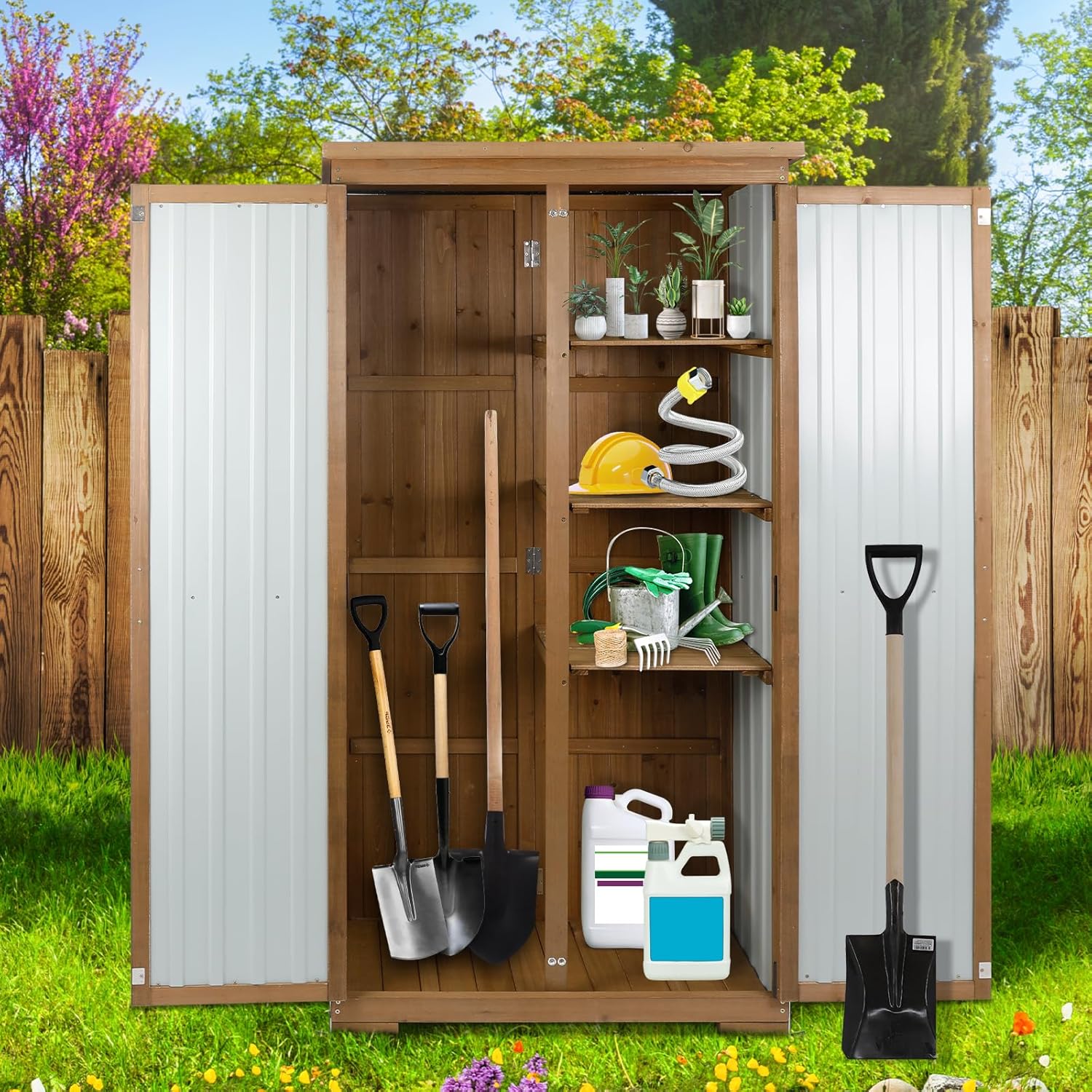 Outdoor Storage Cabinet, Wood & Metal Tall Tool Shed with Weather-Resistant Roof, Double Lockable Doors, 3 Removable Shelves & Adjustable Feet, for Patio, Garden, Backyard, 32" x 15.5" x 66"