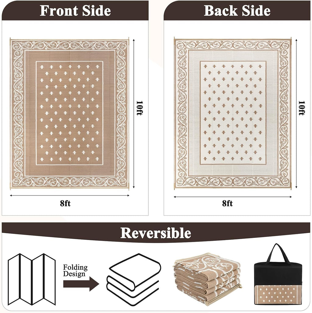 Pauwer Waterproof Outdoor Rug 8x10, Reversible Plastic Straw Patio Camping Rug, Indoor Outdoor RV Mat Carpet for Deck, Camper, Porch, Balcony, Backyard, Picnic, Bordered Beige