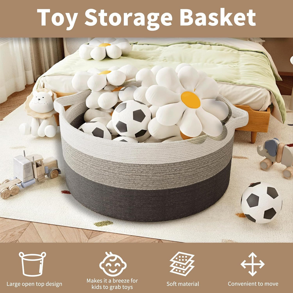 125L Extra Large Blanket Basket, 25" x 16", Jumbo Laundry Woven Baskets Decorative Home, Cotton Rope Basket with Handles, Baby Toy Baskets for Storage, Gradual Gray, 2PC
