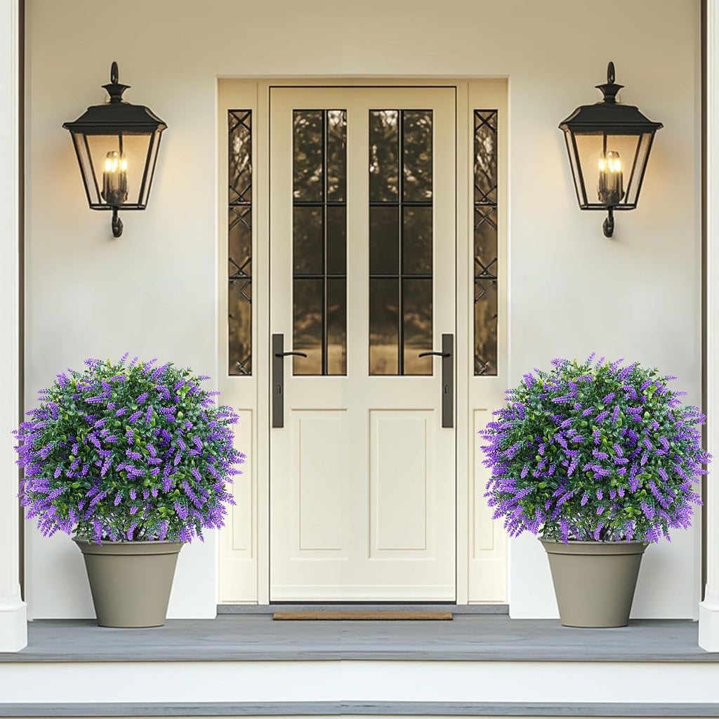 Artificial Boxwood Topiary Ball with Lavender, Set of 2 Artificial Shrub Bushes with Ground Spike, Fake Evergreen Tree for Porch, Artificial Plants for Outdoor Planters Indoor UV Resistant