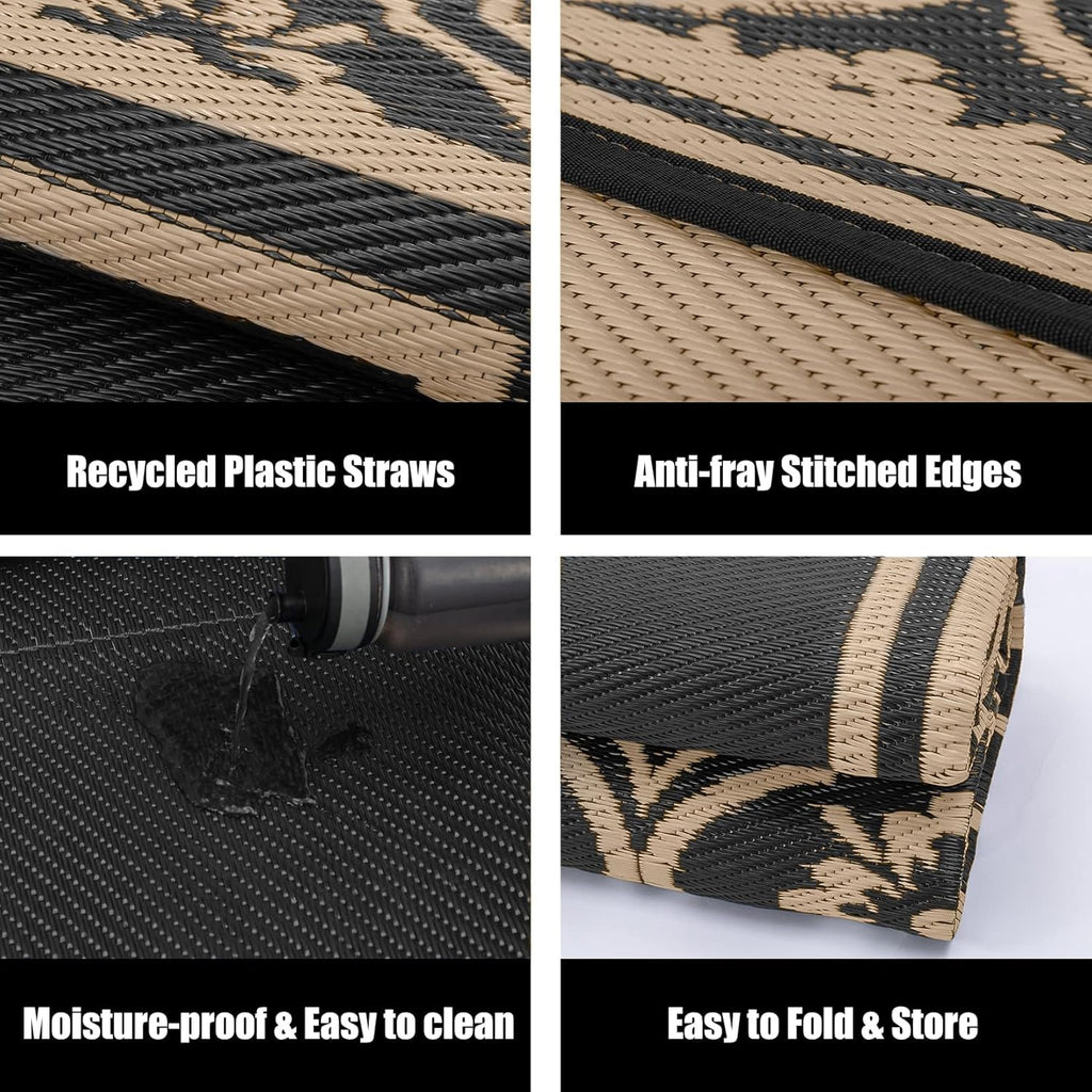 Outdoor Rug 9x12 Patio Waterproof Mat Camping Carpet Outside Area Rug Reversible Brown Rugs for RV Deck Entryance Porch Picnic Balcony Beach