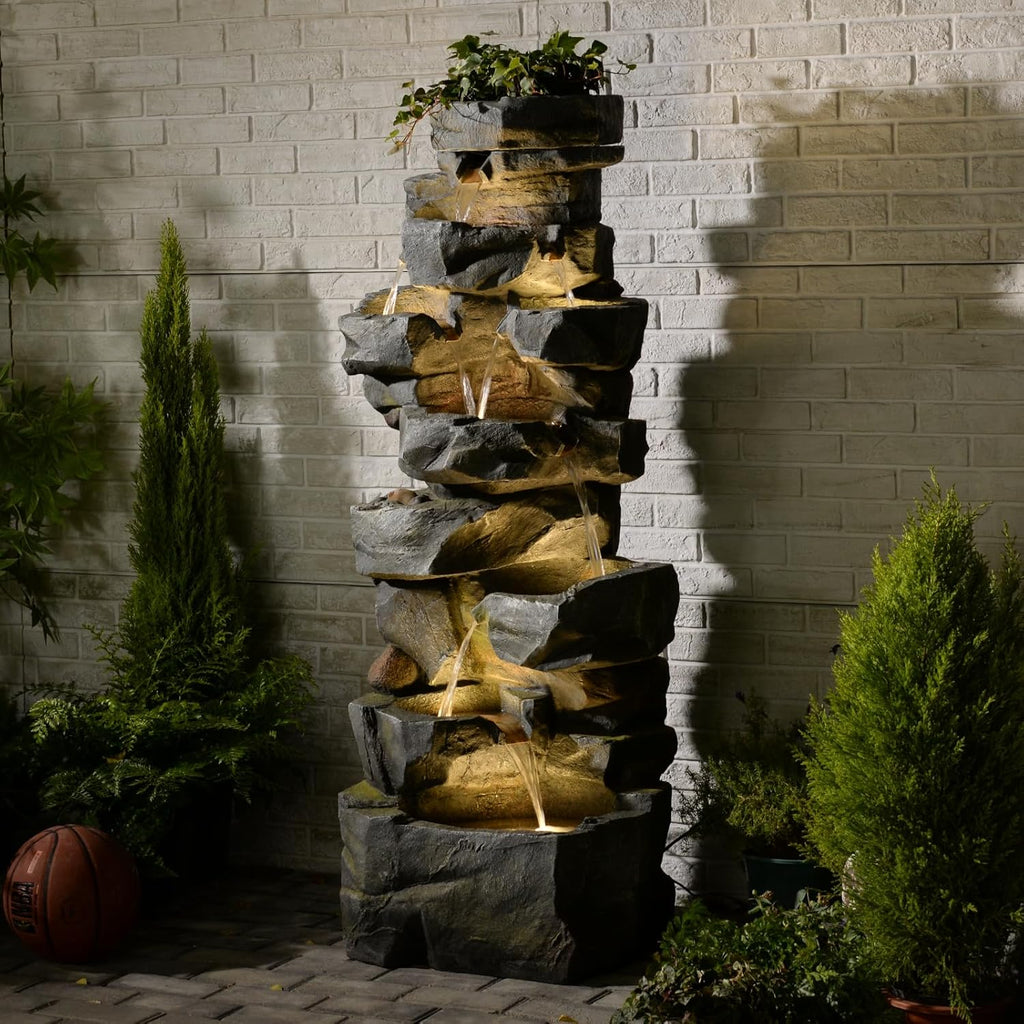 58Inch Outdoor Garden Water Fountain 6 Tiers Large Cascading Rock Natural Waterfall Outdoor Fountain with LED Lights for Patio Porch Backyard Home Art Decor