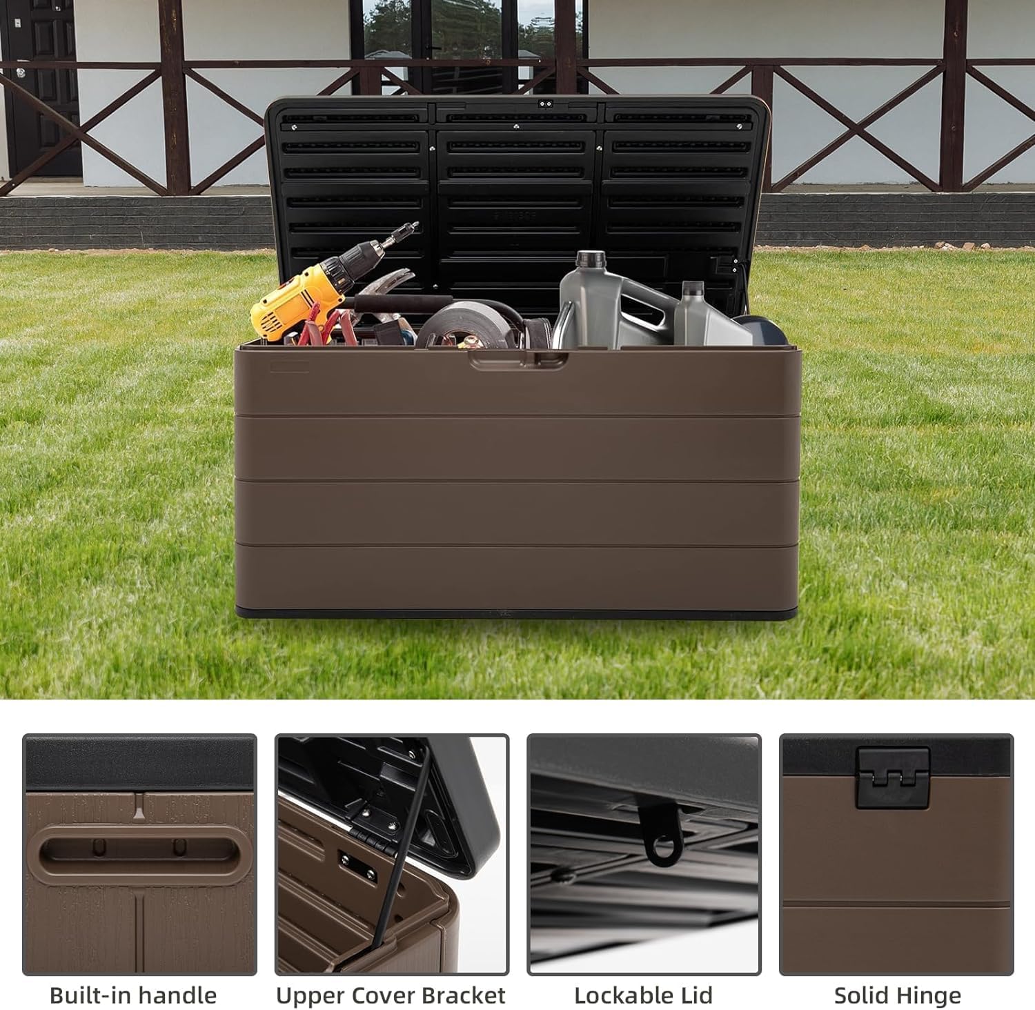 Premium Pro Edition 100 Gallon Lockable Resin Deck Box, Waterproof & UV-Resistant Outdoor Storage Box for Outdoor Cushion Storage, Garden Tools & Pool Accessories Storage, Brown