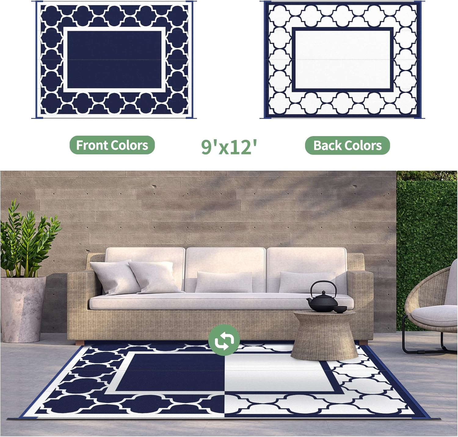 GENIMO 9' x 12' Outdoor Rug Waterproof for Patio Decor, Foldable Reversible Plastic Straw Area Rugs Mat for Camper, Outside Carpet for Rv, Deck, Porch, Picnic, Beach, Balcony, Blue & White