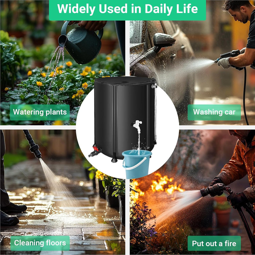 50 Gallon / 200L Rain Barrel, Collapsible Rain Barrels to Collect Rainwater from Gutter with Spigots and Overflow, 500D PVC Portable Rain Water Collection Catching System, Water Catcher Tank