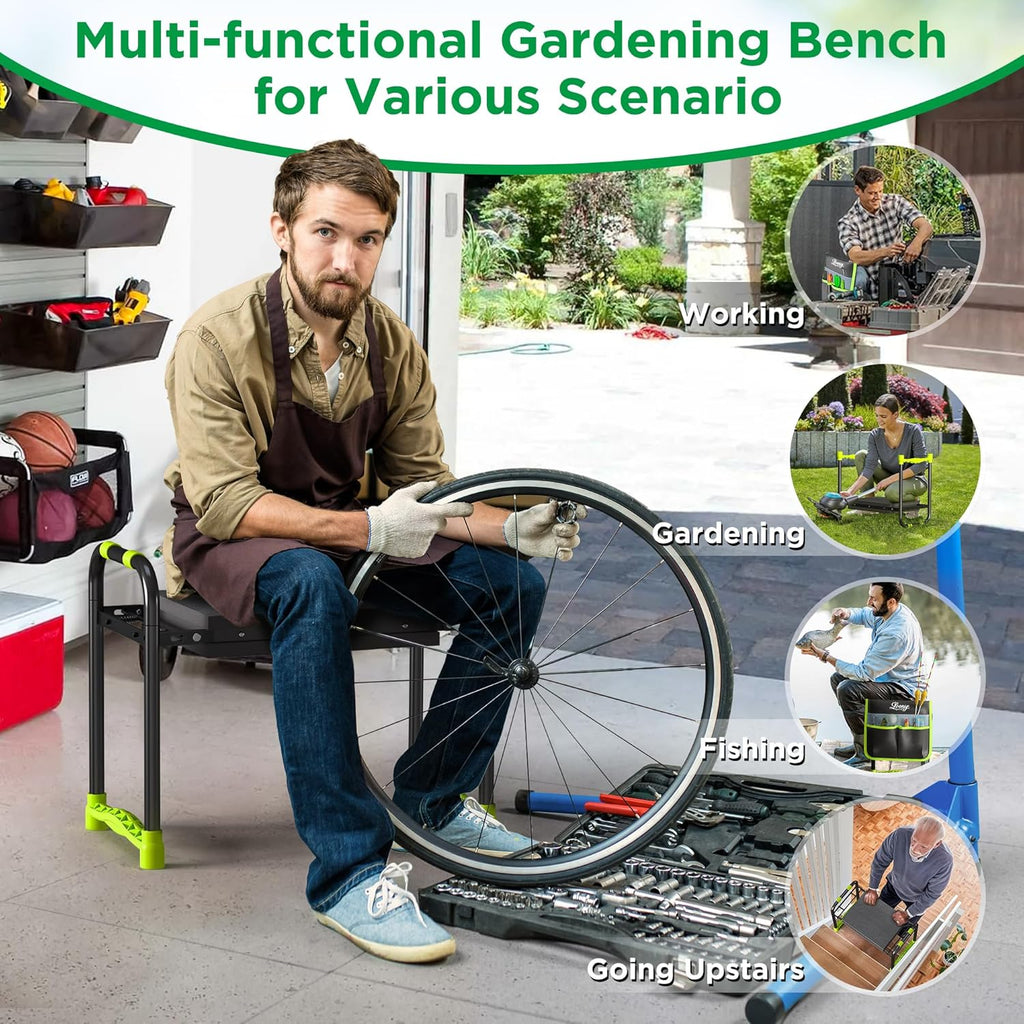 10.8” Wide Garden Kneeler and Seat, Heavy Duty Foldable Gardening Stool with Tool Belt Pouch, Portable Gardening Bench Chair for Seniors & Parents, Non-Slip & Easy Grip Design