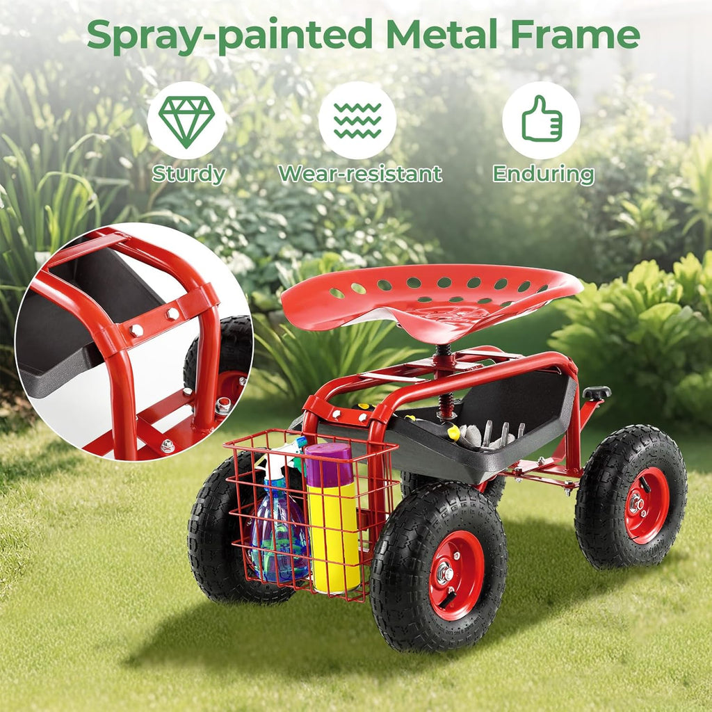 S AFSTAR Rolling Garden Cart, Wagon Scooter with 360° Swivel Seat, Storage Tray, Basket & Rubber Wheels, Heavy-Duty Gardening Tool Cart for Weeding, Patio & Yard (Red)