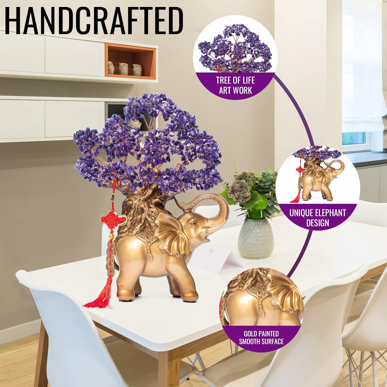 Amethyst Crystal Money Tree on Gold Elephant Statue, 17”Large Gemstone Bonsai Tree of Life Home Décor Gifts for Wealth Positive Energy, Feng Shui Décor