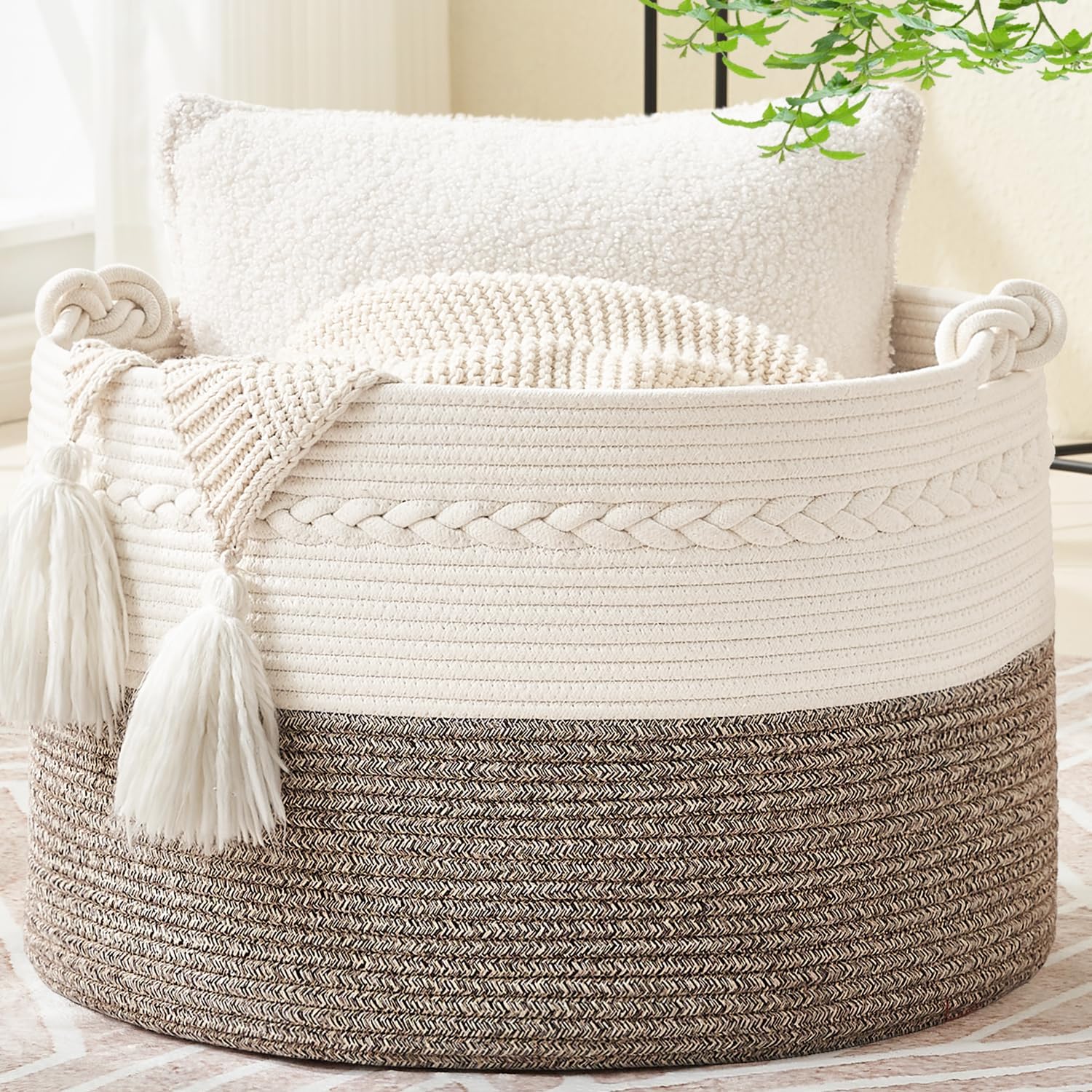 KAKAMAY Large Blanket Basket (20"x13"),Woven Baskets for storage Baby Laundry Hamper, Cotton Rope Blanket Basket for Living Room, Laundry, Nursery, Pillows, Baby Toy chest (White/Beige)